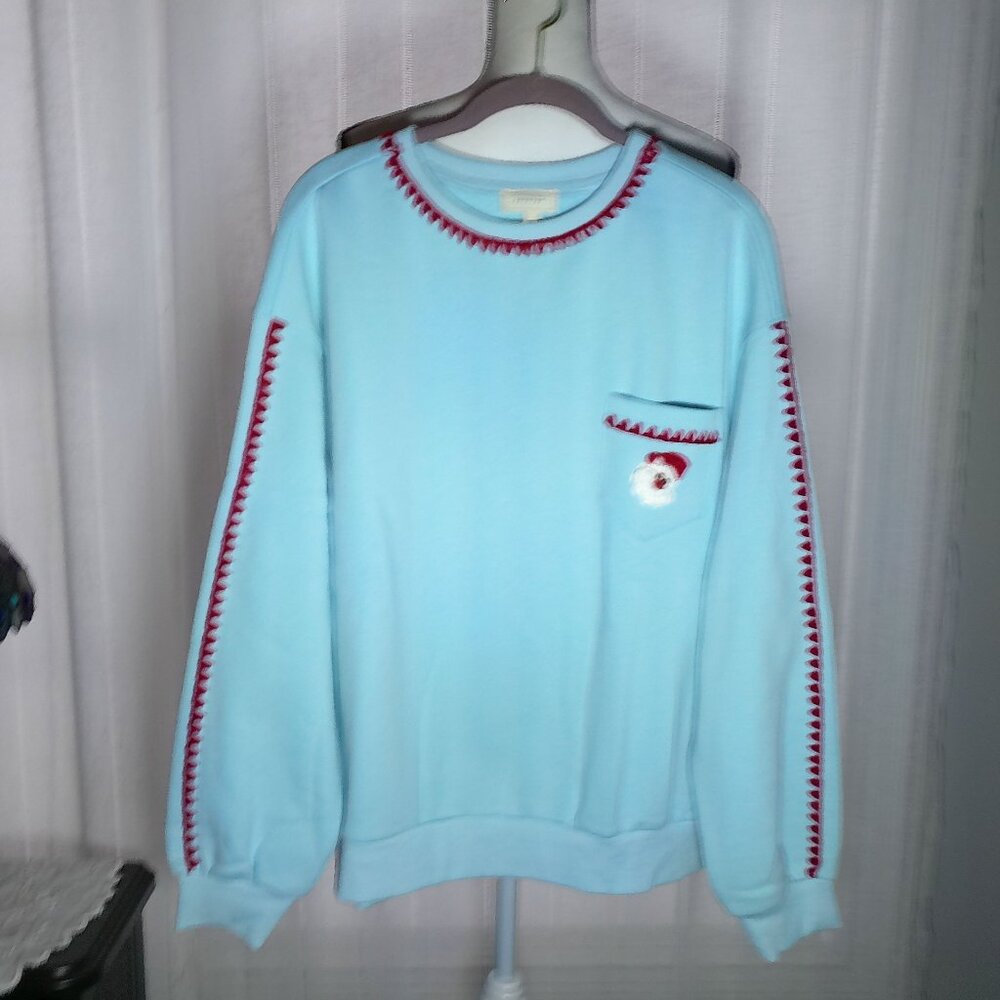 RARERAW Lg Sleeve Scoop Neck Pocket Santa Light Blue w/Red Accents Sweatshirt L